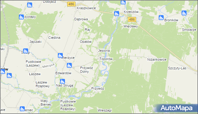 mapa Toporów gmina Wierzchlas, Toporów gmina Wierzchlas na mapie Targeo