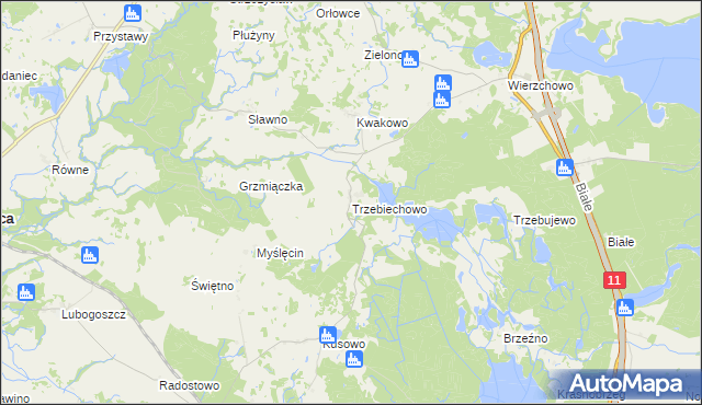 mapa Trzebiechowo gmina Szczecinek, Trzebiechowo gmina Szczecinek na mapie Targeo