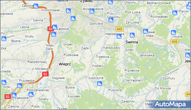 mapa Trzebinia gmina Świnna, Trzebinia gmina Świnna na mapie Targeo