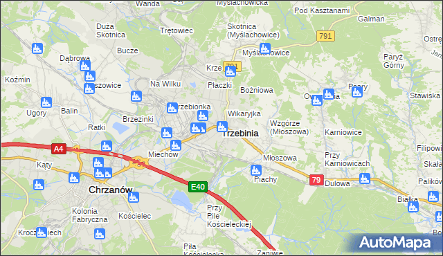 mapa Trzebinia powiat chrzanowski, Trzebinia powiat chrzanowski na mapie Targeo