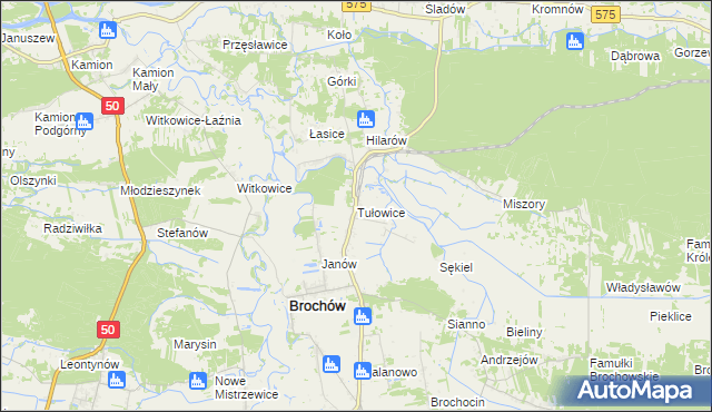 mapa Tułowice gmina Brochów, Tułowice gmina Brochów na mapie Targeo