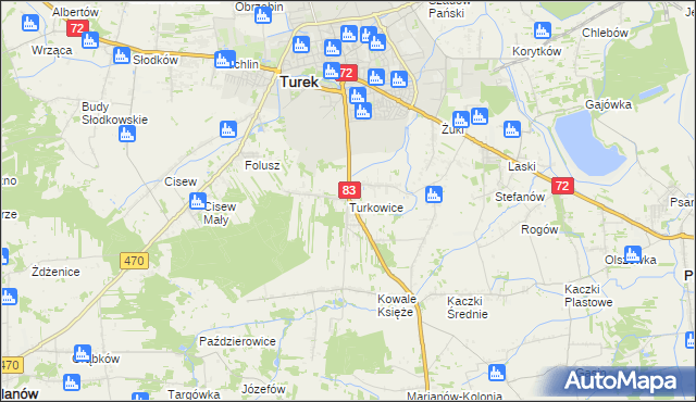 mapa Turkowice gmina Turek, Turkowice gmina Turek na mapie Targeo