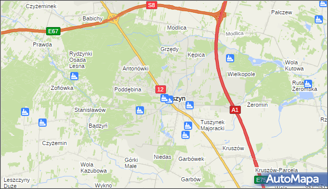 mapa Tuszyn powiat łódzki wschodni, Tuszyn powiat łódzki wschodni na mapie Targeo