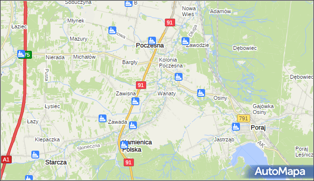 mapa Wanaty gmina Kamienica Polska, Wanaty gmina Kamienica Polska na mapie Targeo