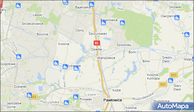 mapa Warszowice, Warszowice na mapie Targeo