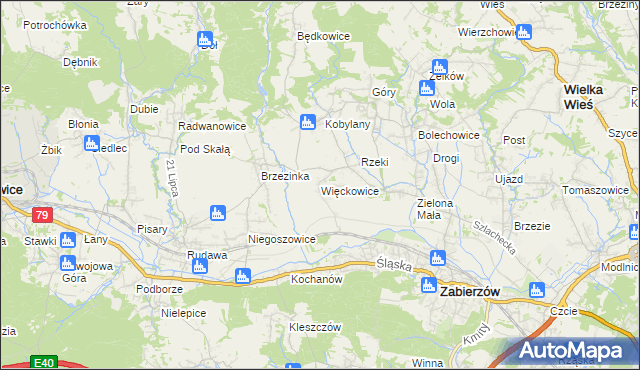 mapa Więckowice gmina Zabierzów, Więckowice gmina Zabierzów na mapie Targeo