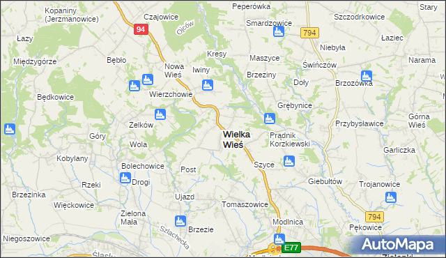 mapa Wielka Wieś powiat krakowski, Wielka Wieś powiat krakowski na mapie Targeo