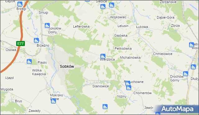 mapa Wierzbica gmina Sobków, Wierzbica gmina Sobków na mapie Targeo