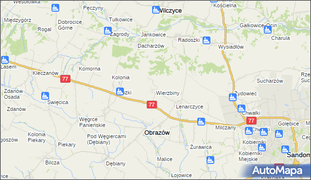 mapa Wierzbiny gmina Obrazów, Wierzbiny gmina Obrazów na mapie Targeo