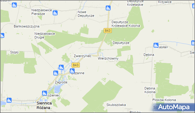 mapa Wierzchowiny gmina Siennica Różana, Wierzchowiny gmina Siennica Różana na mapie Targeo