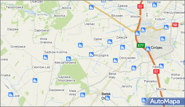 mapa Wilczogóra gmina Belsk Duży, Wilczogóra gmina Belsk Duży na mapie Targeo