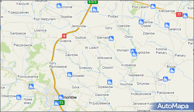 mapa Wilkowice gmina Klimontów, Wilkowice gmina Klimontów na mapie Targeo