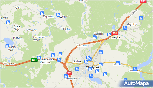 mapa Wilkowo gmina Olsztynek, Wilkowo gmina Olsztynek na mapie Targeo