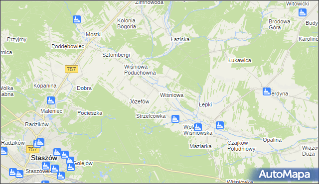 mapa Wiśniowa gmina Staszów, Wiśniowa gmina Staszów na mapie Targeo