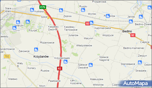 mapa Władysławów gmina Krzyżanów, Władysławów gmina Krzyżanów na mapie Targeo