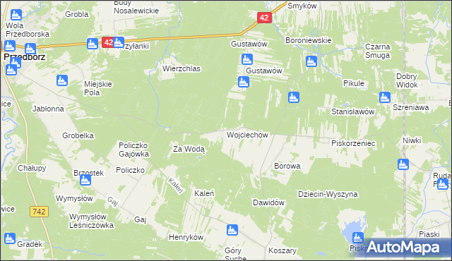 mapa Wojciechów gmina Przedbórz, Wojciechów gmina Przedbórz na mapie Targeo