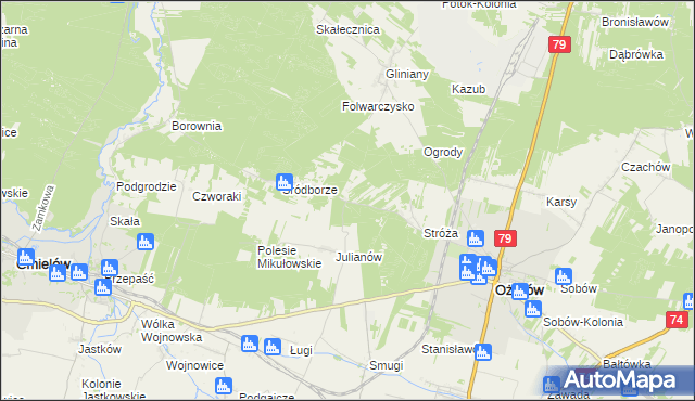 mapa Wojciechówka gmina Ożarów, Wojciechówka gmina Ożarów na mapie Targeo