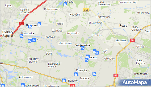 mapa Wojkowice powiat będziński, Wojkowice powiat będziński na mapie Targeo