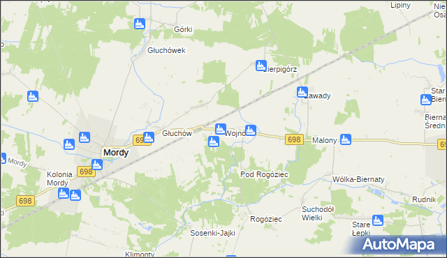 mapa Wojnów gmina Mordy, Wojnów gmina Mordy na mapie Targeo