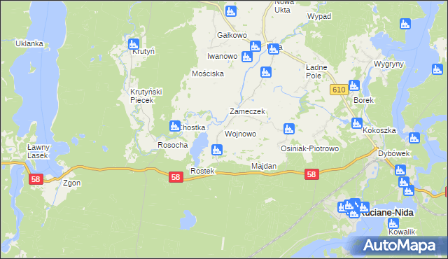 mapa Wojnowo gmina Ruciane-Nida, Wojnowo gmina Ruciane-Nida na mapie Targeo