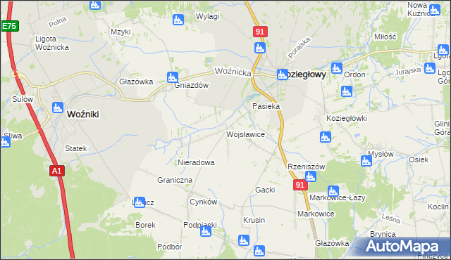 mapa Wojsławice gmina Koziegłowy, Wojsławice gmina Koziegłowy na mapie Targeo