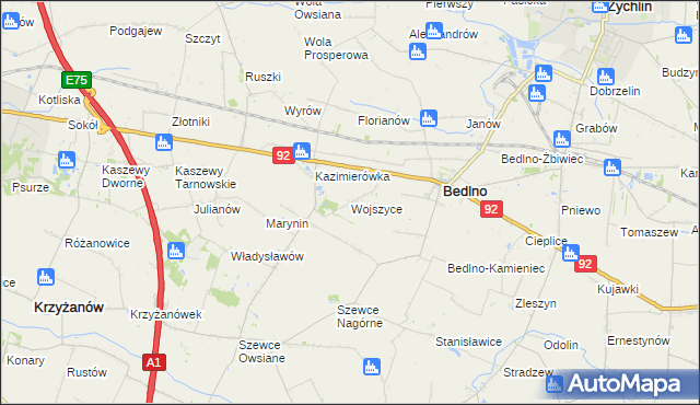 mapa Wojszyce gmina Bedlno, Wojszyce gmina Bedlno na mapie Targeo