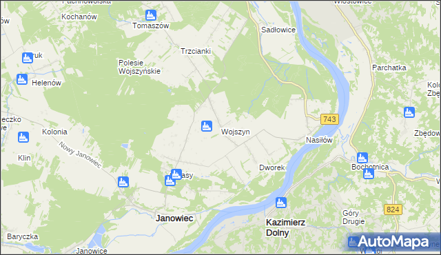 mapa Wojszyn gmina Janowiec, Wojszyn gmina Janowiec na mapie Targeo