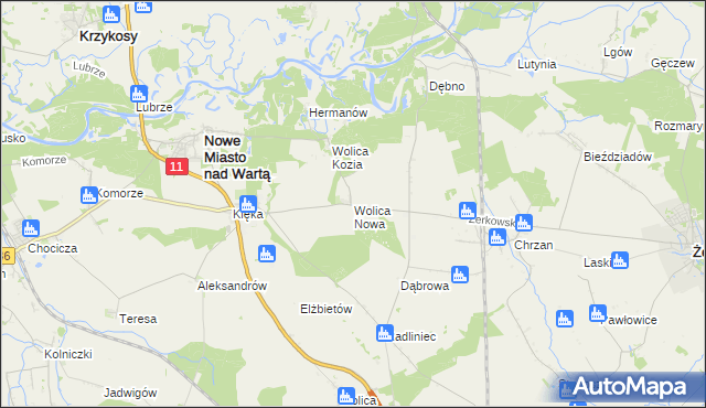 mapa Wolica Nowa gmina Nowe Miasto nad Wartą, Wolica Nowa gmina Nowe Miasto nad Wartą na mapie Targeo