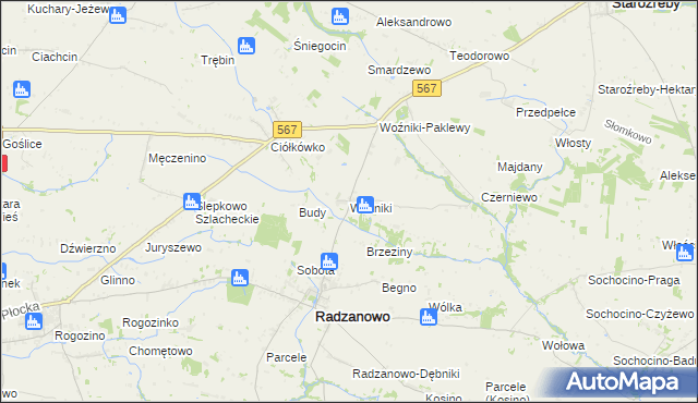 mapa Woźniki gmina Radzanowo, Woźniki gmina Radzanowo na mapie Targeo