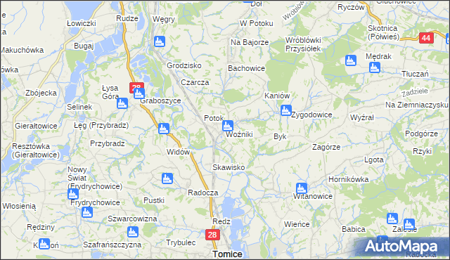 mapa Woźniki gmina Tomice, Woźniki gmina Tomice na mapie Targeo
