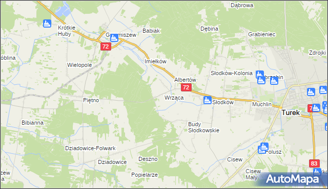 mapa Wrząca gmina Turek, Wrząca gmina Turek na mapie Targeo