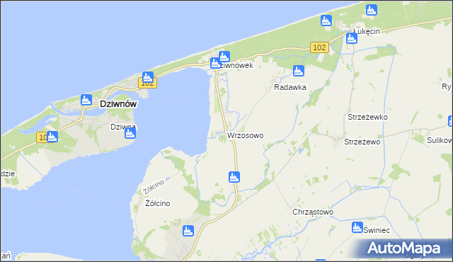 mapa Wrzosowo gmina Kamień Pomorski, Wrzosowo gmina Kamień Pomorski na mapie Targeo