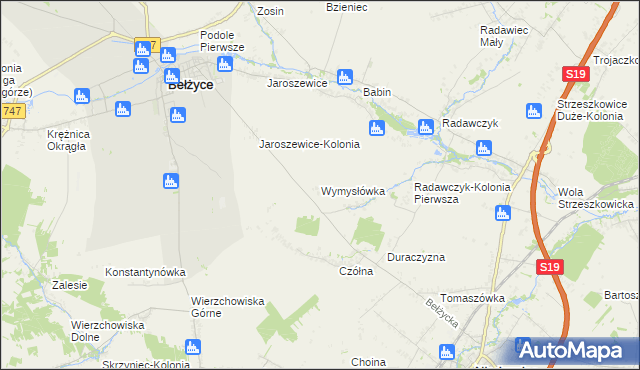 mapa Wymysłówka gmina Bełżyce, Wymysłówka gmina Bełżyce na mapie Targeo