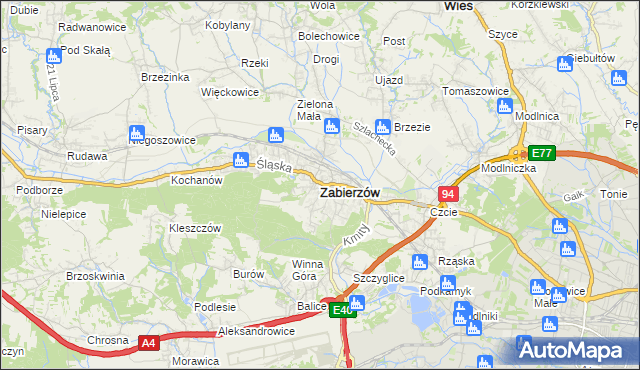 mapa Zabierzów powiat krakowski, Zabierzów powiat krakowski na mapie Targeo