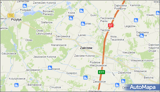 mapa Zakrzew powiat radomski, Zakrzew powiat radomski na mapie Targeo