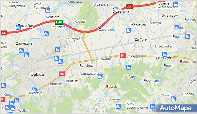 mapa Zawada gmina Dębica, Zawada gmina Dębica na mapie Targeo