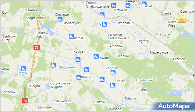 mapa Zawada gmina Gnojno, Zawada gmina Gnojno na mapie Targeo
