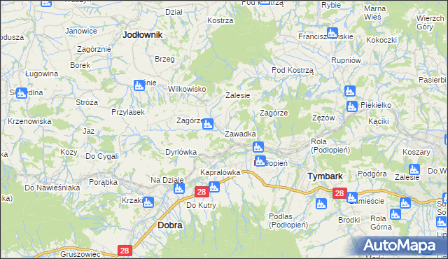 mapa Zawadka gmina Tymbark, Zawadka gmina Tymbark na mapie Targeo