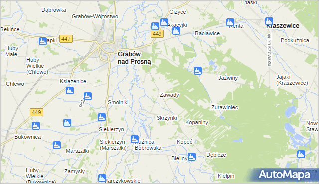 mapa Zawady gmina Grabów nad Prosną, Zawady gmina Grabów nad Prosną na mapie Targeo