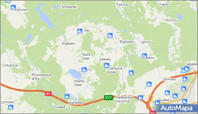 mapa Zawady gmina Olsztynek, Zawady gmina Olsztynek na mapie Targeo