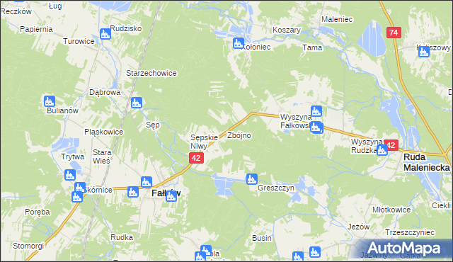 mapa Zbójno gmina Fałków, Zbójno gmina Fałków na mapie Targeo