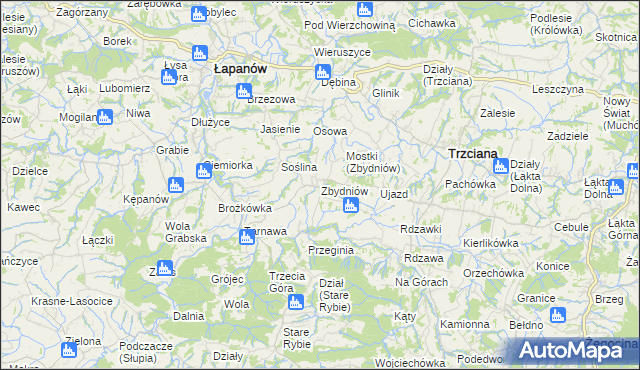 mapa Zbydniów gmina Łapanów, Zbydniów gmina Łapanów na mapie Targeo