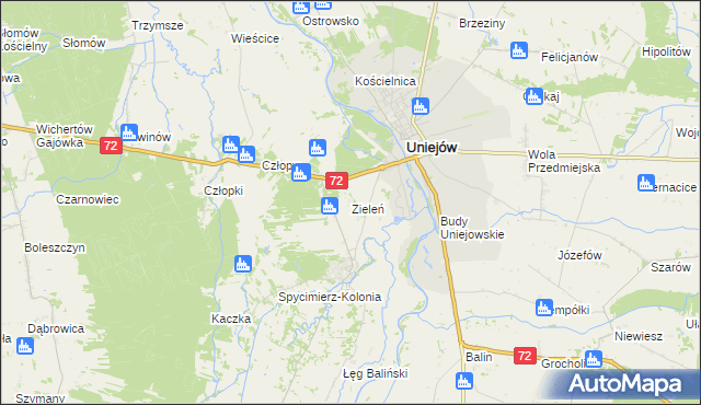 mapa Zieleń gmina Uniejów, Zieleń gmina Uniejów na mapie Targeo