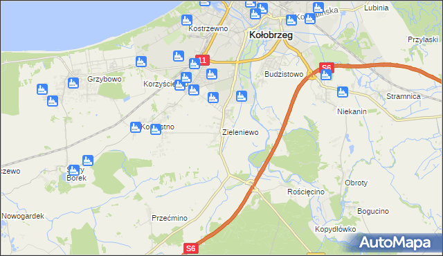 mapa Zieleniewo gmina Kołobrzeg, Zieleniewo gmina Kołobrzeg na mapie Targeo