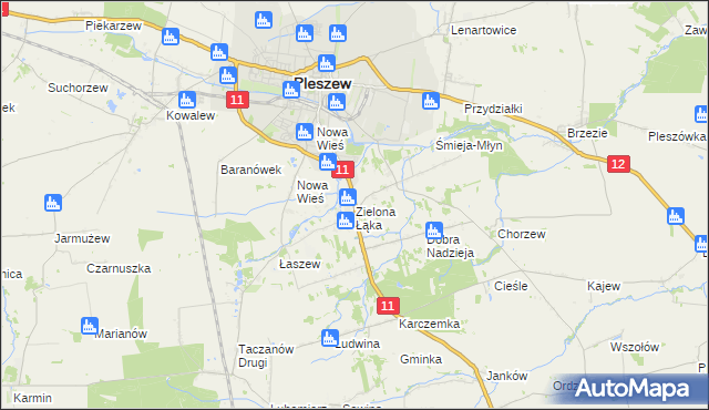 mapa Zielona Łąka gmina Pleszew, Zielona Łąka gmina Pleszew na mapie Targeo