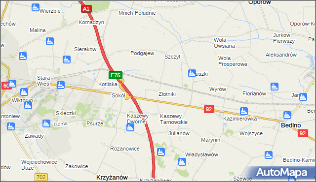 mapa Złotniki gmina Krzyżanów, Złotniki gmina Krzyżanów na mapie Targeo