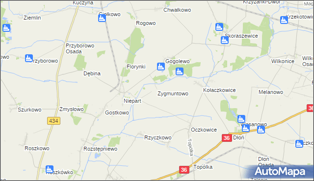 mapa Zygmuntowo gmina Krobia, Zygmuntowo gmina Krobia na mapie Targeo
