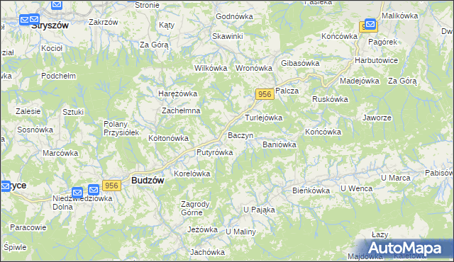 mapa Baczyn gmina Budzów, Baczyn gmina Budzów na mapie Targeo