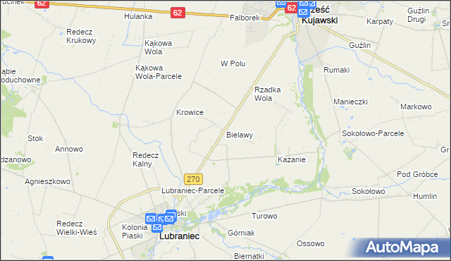 mapa Bielawy gmina Lubraniec, Bielawy gmina Lubraniec na mapie Targeo