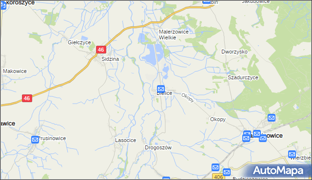 mapa Bielice gmina Łambinowice, Bielice gmina Łambinowice na mapie Targeo
